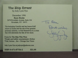 signed by author Jody Lynn Nye,promotional postcard for her book The Ship Errant - Picture 1 of 2