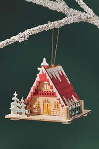 ANTHROPOLOGIE Light-Up Lodge Ornament Wooden Cottage Christmas Red NEW - Picture 1 of 1