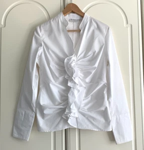 YAYA White Cotton Ruffle Zip Front 5 Button Cuff Sleeve Blouse Size 40 - Picture 1 of 13