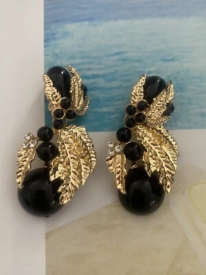CLIP ON Fashion Boho BLACK Crystal Rhinestone Statement Pearl Drop Earrings AU - image 1 of 3