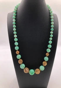 Collana perle vetro verde Pechino vintage perline filigrana tono oro metà secolo anni 50 - Foto 1 di 6