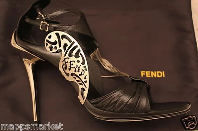 Sandalias Art Deco FENDI Auténticas Cuero Metal Pasarela Negras Talla 39/9 $950 Nuevas sin Caja Foto 1 de 4