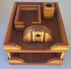 Vintage 4-Piece Handcrafted Multiple Hardwoods Teak Wood Desk Accessories Set - Picture 1 of 4