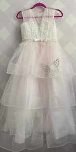 Girls wedding evening gown Long dress Princess Flowers 3-tiers Sleeveless Pink - Picture 1 of 8