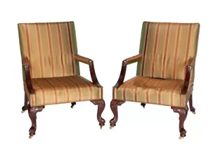 PAIR OF BAKER CHIPPENDALE STYLE OPEN ARMCHAIRS ON CASTER SILK FABRIC - Picture 1 of 10