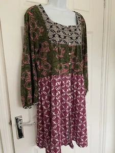 ODD MOLLY Green Purple Pink Long Sleeve Boho Square Neck Stretch Dress ~ Size 4 - Picture 1 of 9