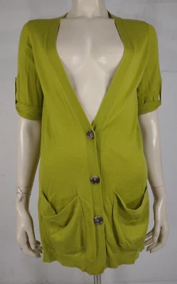 Suéter cardigã feminino Theory chartreuse verde limão 100% cashmere profundo V pequeno - Imagem 1 de 4