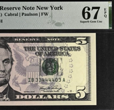 2006 $5 Federal Reserve Note PMG 67EPQ Superb Gem Fancy Serial Number 33444403 - Image 1 of 3