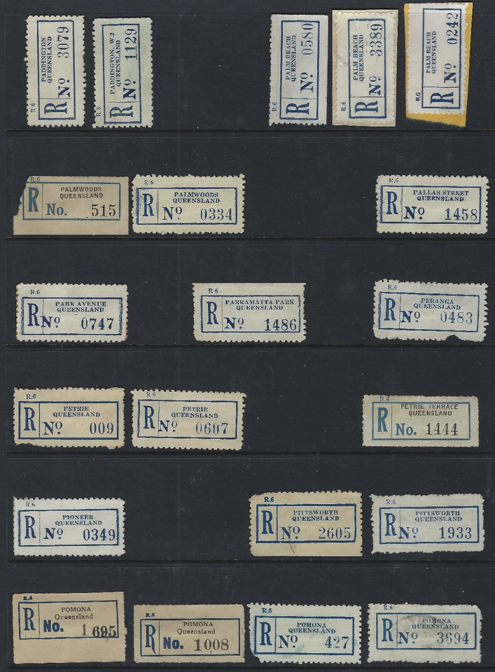 Etiquetas de registro de Australia Queensland Paddington, Palmwoods, Petrie, Pomona + Foto 1 de 1