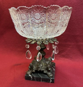 BOHEMIAN CZECH QUEENS LACE CUT CRYSTAL Centerpiece Footed Pedestal Marble Base - Picture 1 of 23