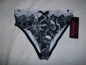 Romwe lace waist skeleton/bat/snake print hi-leg cheeky panties XS S black nwt - Picture 1 of 2