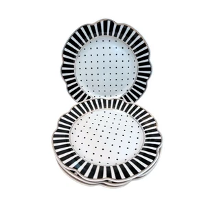 Grace Teaware Black & White Striped Dots Josephine Salad Plates Set of 4 New - Picture 1 of 5
