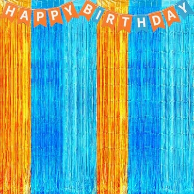 Paquete de 2 cortinas con flecos de aluminio de 3,2 pies x 6,6 pies, naranja y azul metálico azul para perros Foto 1 de 4