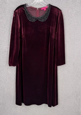 Vestido Betsey Johnson para mujer Merlot rojo terciopelo adornado con cuentas babero línea A Foto 1 de 4