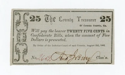 1862 25c Inferior Court of Coweta County - GEORGIA Note CIVIL WAR Era AU/UNC - Image 1 of 2