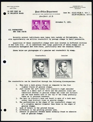 Estampillas falsificadas 1036 CF1, 4¢ en notificación oficial de la oficina de correos Stuart Katz Foto 1 de 3