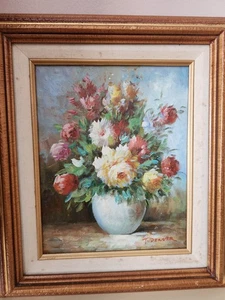 Vintage Blumen Ölgemälde Blumen in Vase T. Denver signiert gerahmt Wandbild - Bild 1 von 9