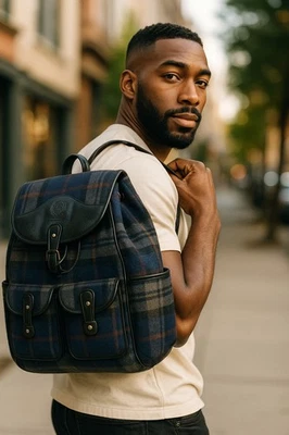 Blazer de cuero negro a cuadros azul marino Ghurka para hombre No. Mochila 278 Nueva $1495 Foto 1 de 4