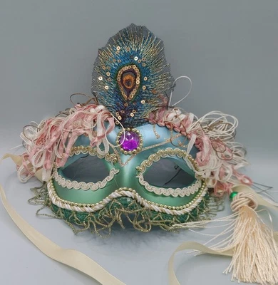 Women's Peacock Feathered Venetian Mardi Gras Masquerade Mask [Turquoise/Gold] - Image 1 of 4