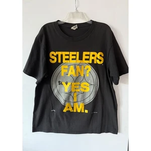Vintage 90s Pittsburgh Steelers Fan? YES I AM NFL T-Shirt XL Black Made in USA - Picture 1 of 12