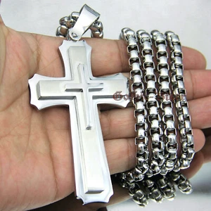 Huge Stainless Cross Men's Necklace Pendant Heavy Large Silver Polished 3 Layer - Picture 1 of 30