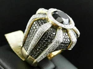 4Ct Round Cut Lab Created Black & White Diamond Mens Ring 14K Yellow Gold Plated - Picture 1 of 3