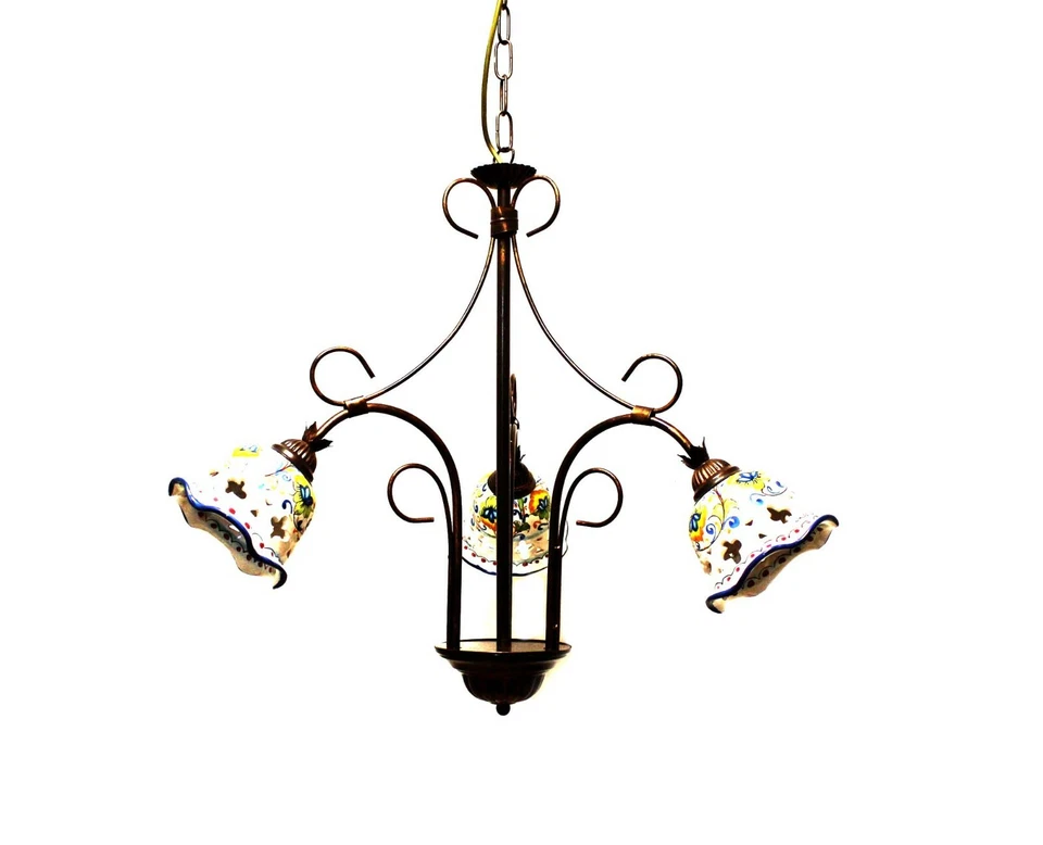 Lustre Classique Rustique Céramique Sicilienne 3 Lumières Coll. Fleur - Photo 1/2