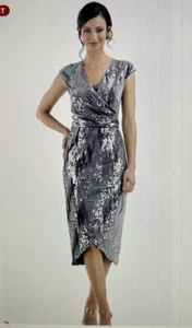 JS Collections June Sequin Velvet Faux Wrap Cocktail Dress in Gray/Silver Sz 16 - Picture 1 of 17