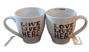 Home Essentials Love Lives Here Coffee Tea Mugs Set Of Two 20 oz. Brand New - Picture 1 of 10
