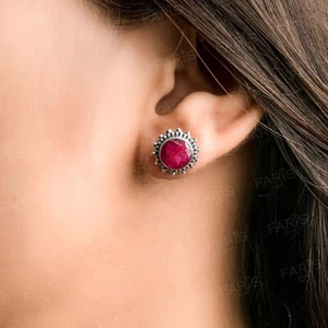 925 Sterling Silber runde rote Rubin Sonne Ohrstecker Damen Ohrringe Schmuck Geschenk Box - Bild 1 von 5