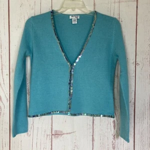 Spiegel Life Women’s L Large Blue Sequin Cardigan Angora Lambswool Sweater NWOT - Picture 1 of 9