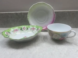 Antique Austrian Porcelain 7" Bowl BLOWN Mold PINK ROSES Tea cup & Saucer - Picture 1 of 10