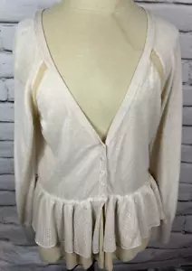 Knitted & Knotted Anthropologie Size L Beige V-Neck Ruffled Peplum Cardigan - Picture 1 of 7