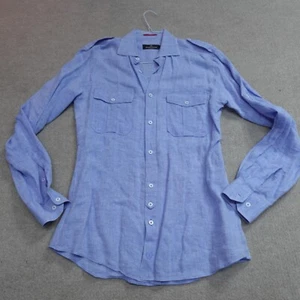 Bugatchi Uomo Shirt Medium Blue Solid 100% Linen Tab Sleeves Safari Epaulets - Picture 1 of 8