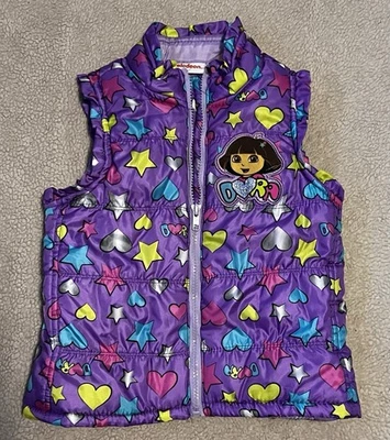Dora the Explorer Toddler Girl 4T Puffer Vest Purple Hearts Nickelodeon New - Image 1 of 3