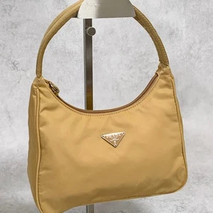 PRADA Bag Accessory Pouch Logo Hand Tote Purse Nylon Yellow Used Authentic - Imagen 1 de 24