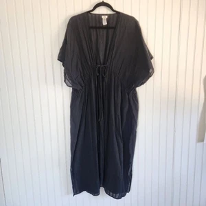 AERIE Black Semi Sheer 100% Cotton Front Tie Summer Swim Cover Up Kimono OS - Picture 1 of 6