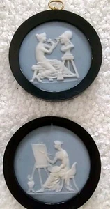 Miref Paris Blue Jasper Plaque Medallion Set Black Frame Cameo Made in France - Picture 1 of 9