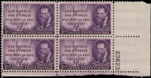 Scott # 946 - US Plate Block Of 4 - Pullitzer & Liberty 3c Purple- **MNH**- 1947 - Picture 1 of 1