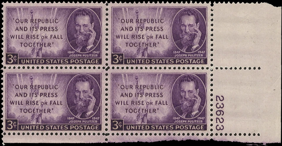 Scott # 946 - US Plate Block Of 4 - Pullitzer & Liberty 3c Purple- **MNH**- 1947 - Image 1 of 1