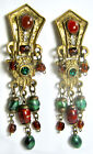 Very Old 4" Moghul Clip Earrings Brass, Glass Beads, 3 Sections, Dangles Vintage