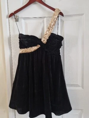 One Shoulder Party Dress "Rare Opulence" Black Velvet Feel Net Sequins Size 10 - Image 1 of 4