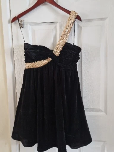 One Shoulder Party Dress "Rare Opulence" Black Velvet Feel Net Sequins Size 10 - Image 1 of 4