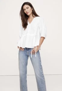 NWT Banana Republic White Cotton Poplin Cinch Waist Top Sz Large - Picture 1 of 4
