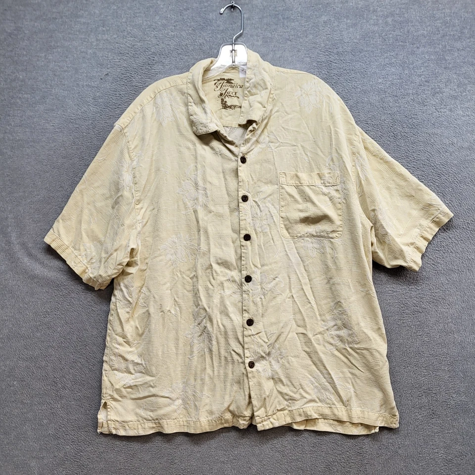 Camisa Jamaica Jaxx Hombres Abotonada XL Amarilla Jacquard Seda Bolsillo Manga Corta Foto 1 de 4