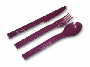 Juego de cubiertos Tupperware On the Go utensilios a presión cuchillo cuchara tenedor púrpura - Imagen 1 de 3