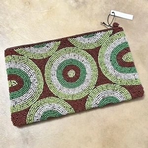 About Color Beaded Clutch, Green & Brown Evil Eye Circle Pattern Handbag Purse - Picture 1 of 8
