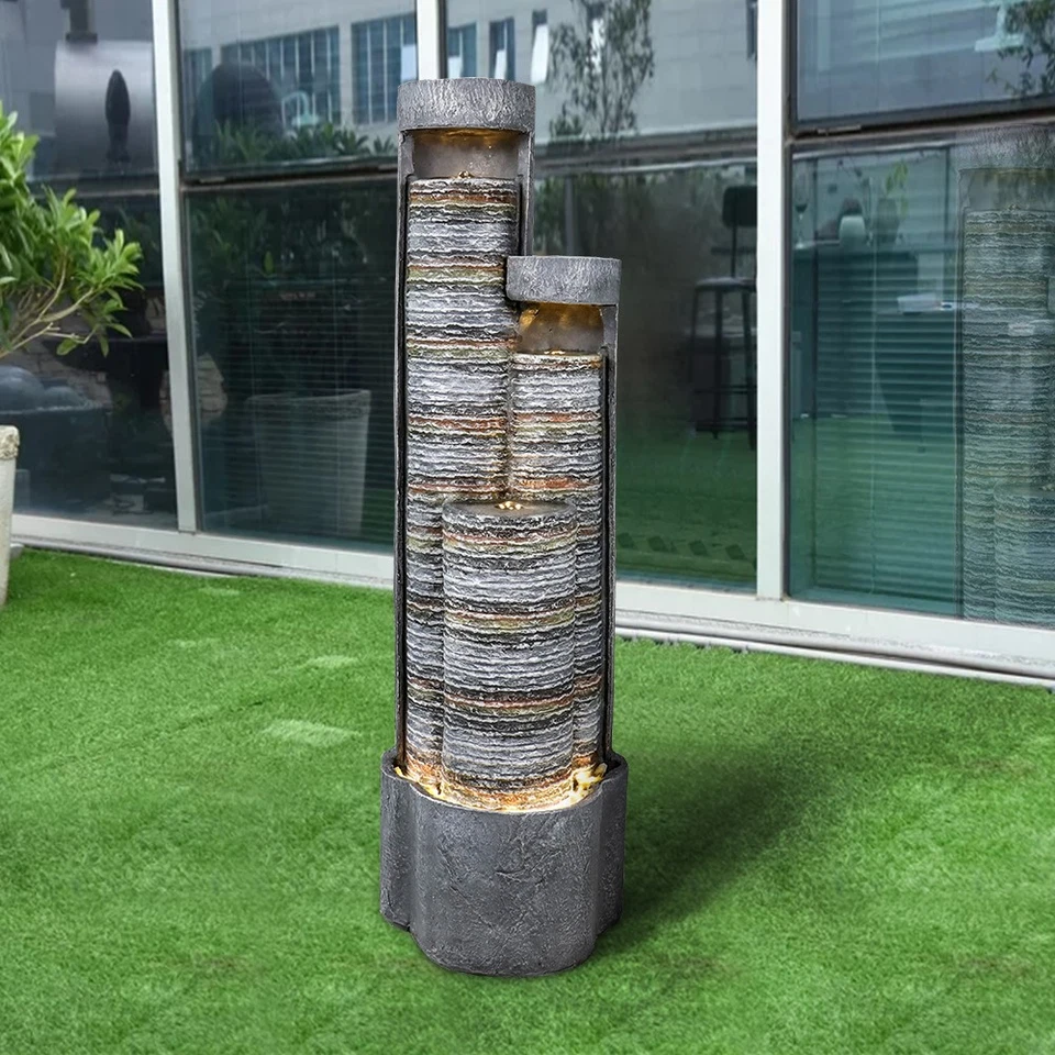 Faux Stone Outdoor Water Feature – Cascading Fountain with LED Lighting - Image 1 of 4