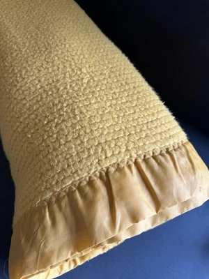 Vtg Acrylic Waffle Weave Blanket Twin Size Mustard Yellow Nylon Trim 62”x86” USA - Image 1 of 4