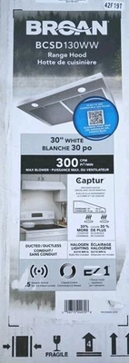 Broan Nutone BCSD130WW 30" White Under Cabinet Range Hood 300 CFM Blower